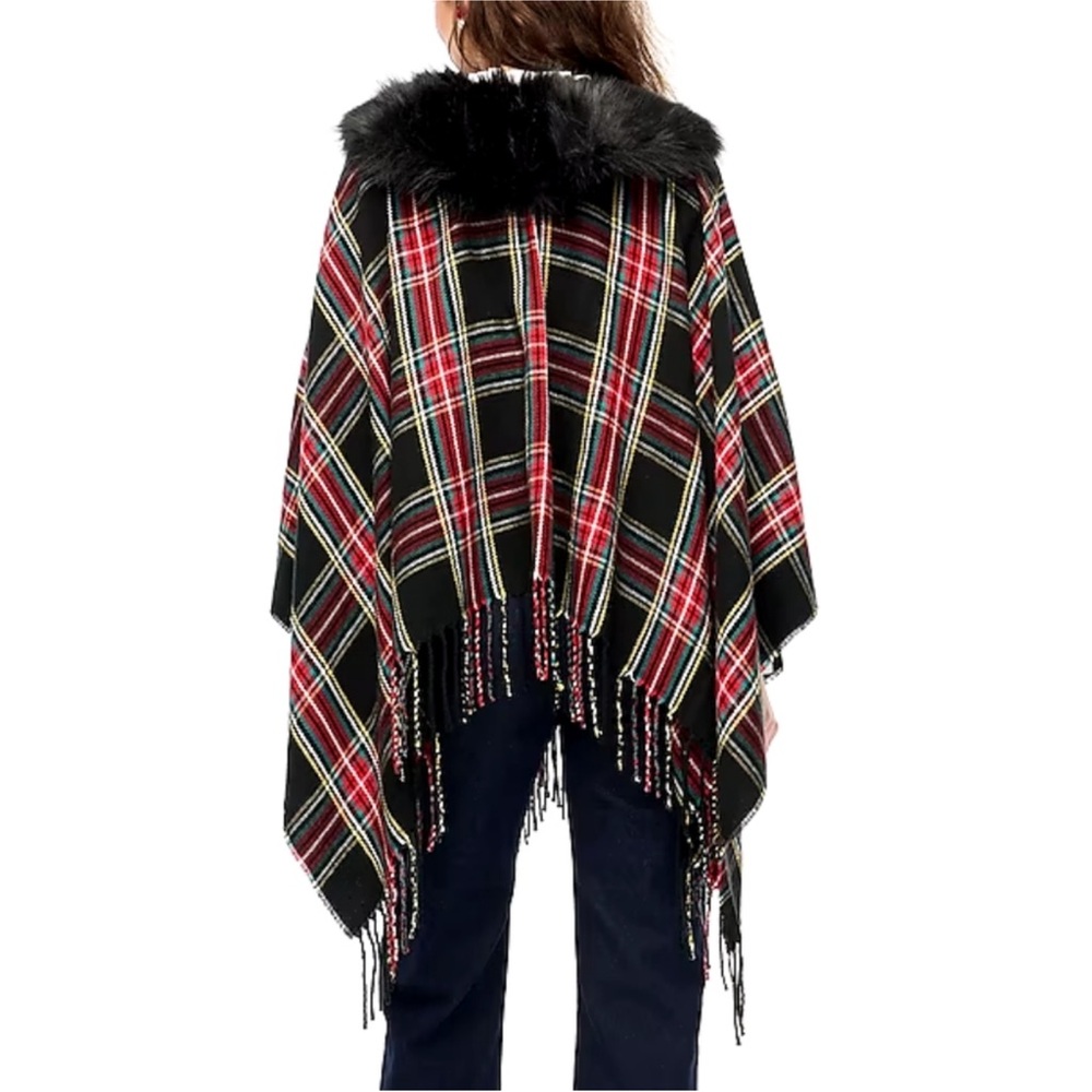 J. Crew Black Plaid Wrap with Faux Fur Collar - Picture 6 of 10